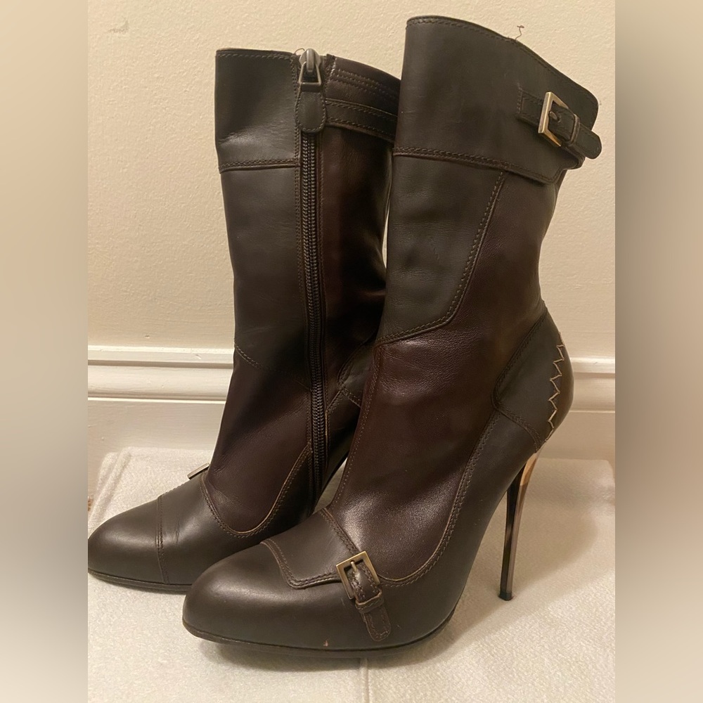 Ferragamo brown lambskin boots 5 inch high heel